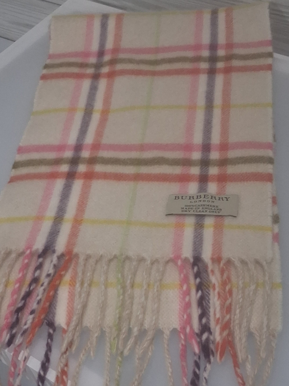 Burberry Cream Plaid Cashmere Scarf with Pink & Multicolor Accent